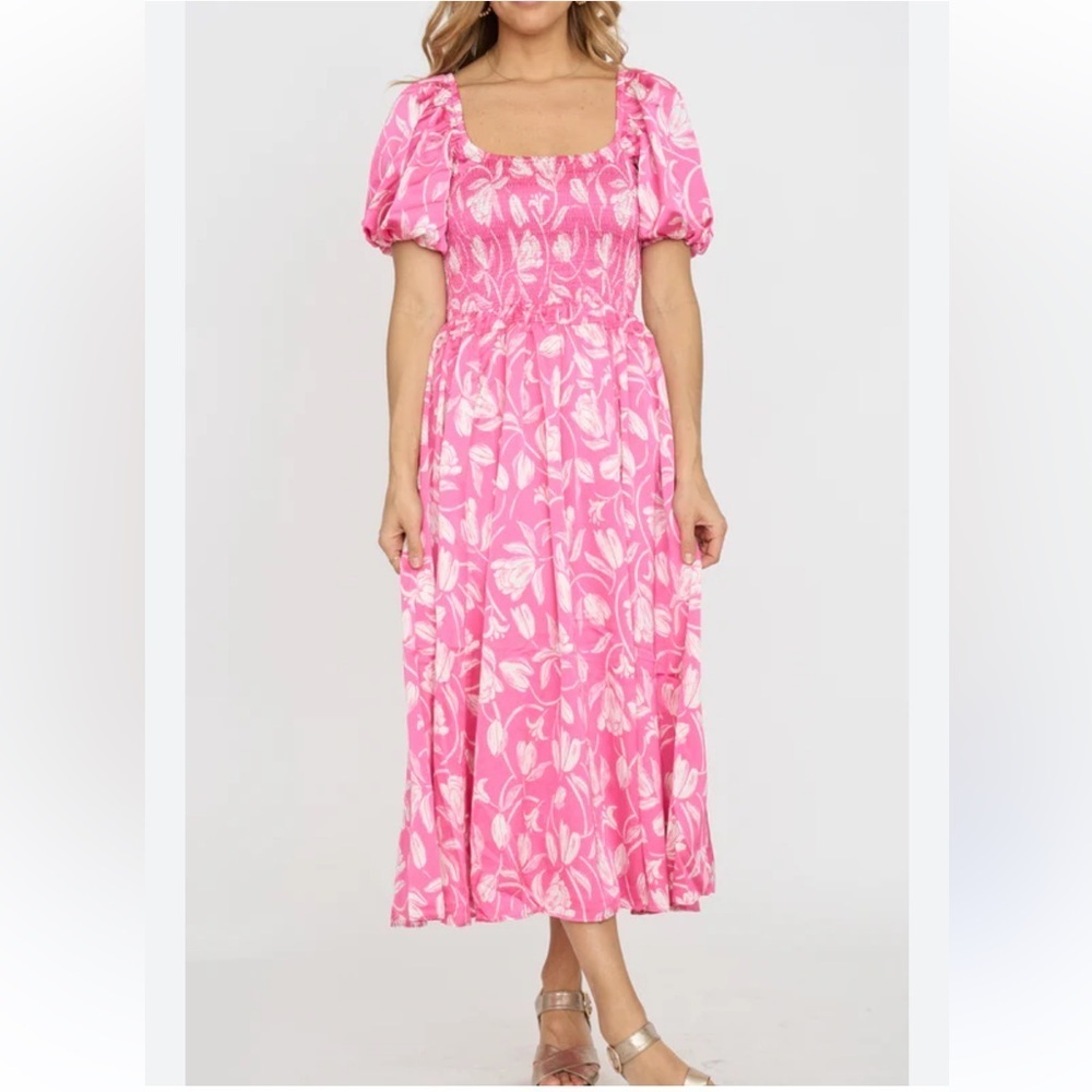 Anthropologie Moon River Pink Floral Smocked Midi Dress Size S Puff Sleeves